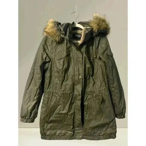 Be Boundless Womens Faux Fur Hooded Green Jacket, Large